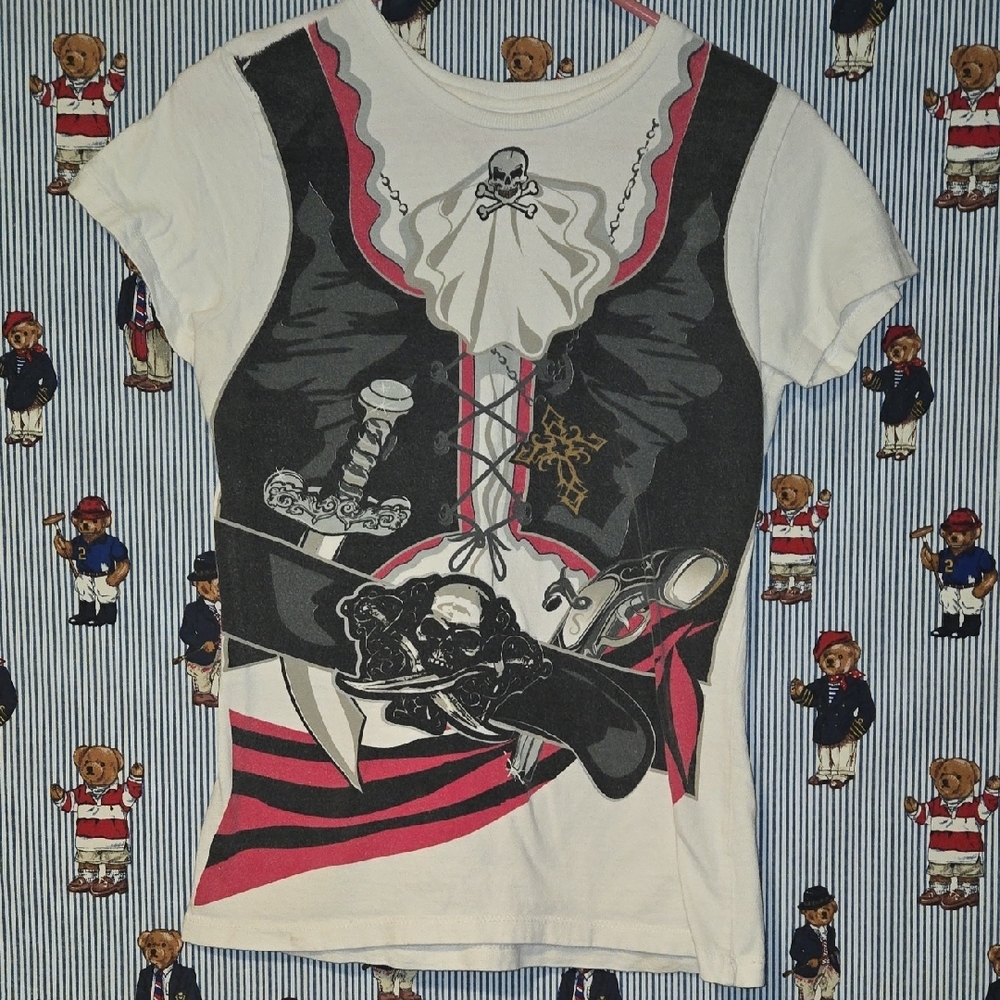 Vintage Y2k Pirate Shirt Size Small Black Pink Sword Skull Lace Rose